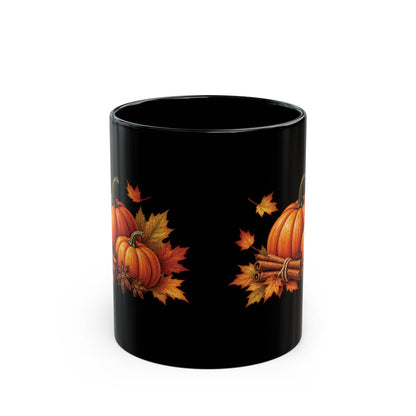 Pumpkin Spice design with pumpkins and cinnamon on a black mug, view 4