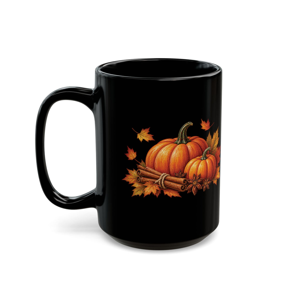 Pumpkin Spice design with pumpkins and cinnamon on a black mug, view 6