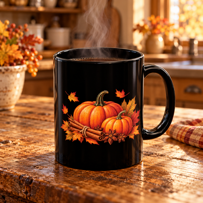 Pumpkin Spice design with pumpkins and cinnamon on a black mug, view 7