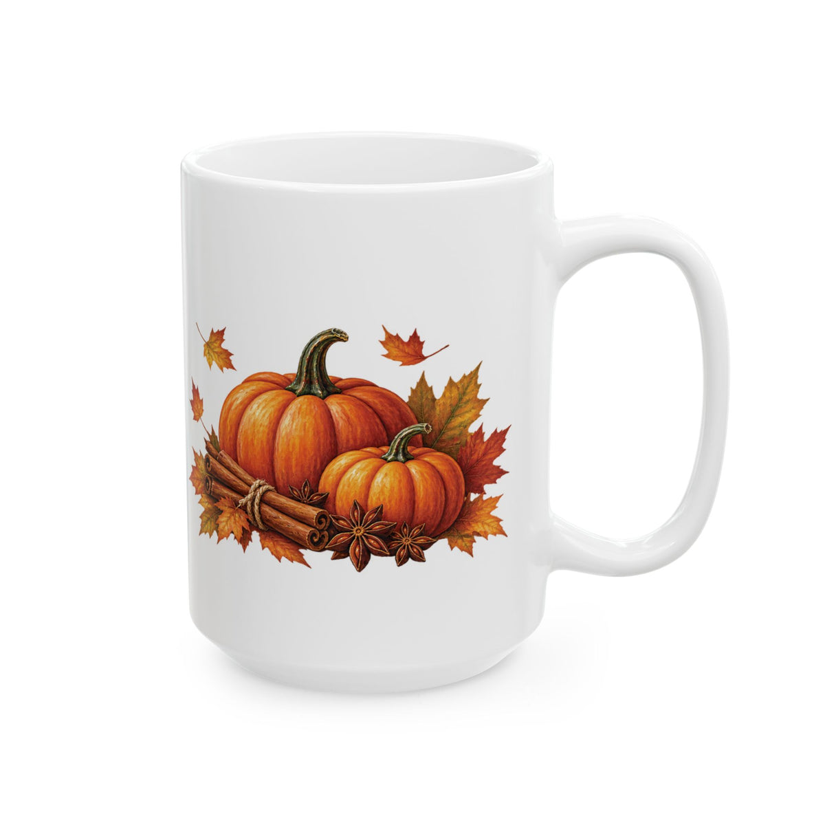 Pumpkin Spice design with pumpkins and cinnamon on a white ceramic mug, view 2