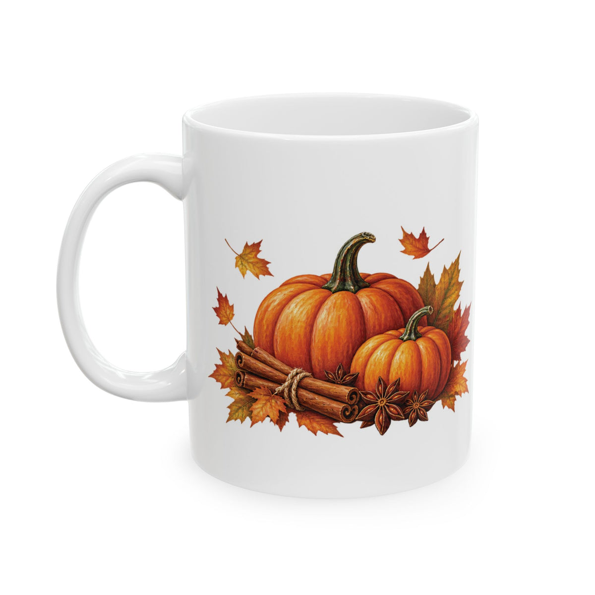 Pumpkin Spice design with pumpkins and cinnamon on a white ceramic mug, view 3
