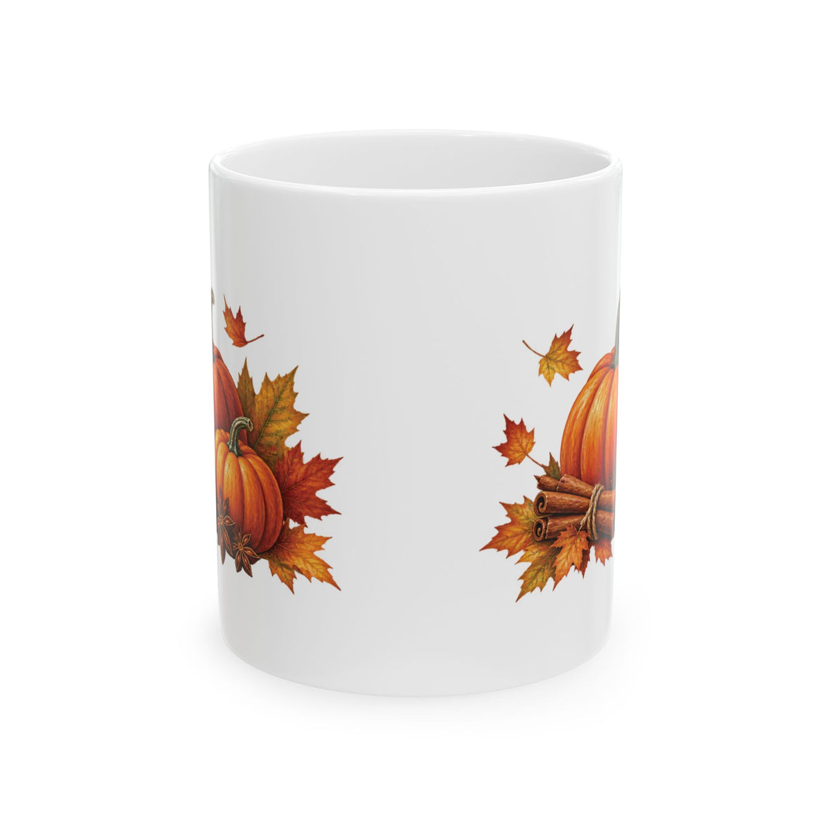 Pumpkin Spice design with pumpkins and cinnamon on a white ceramic mug, view 4