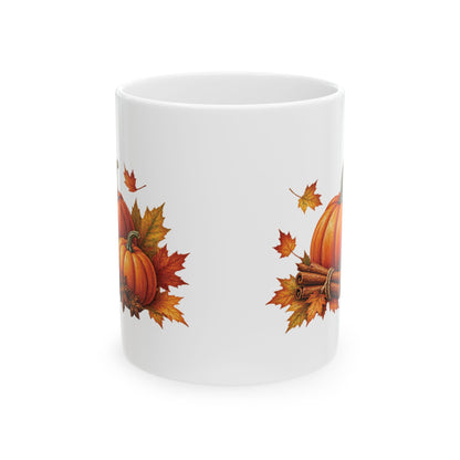 Pumpkin Spice design with pumpkins and cinnamon on a white ceramic mug, view 4