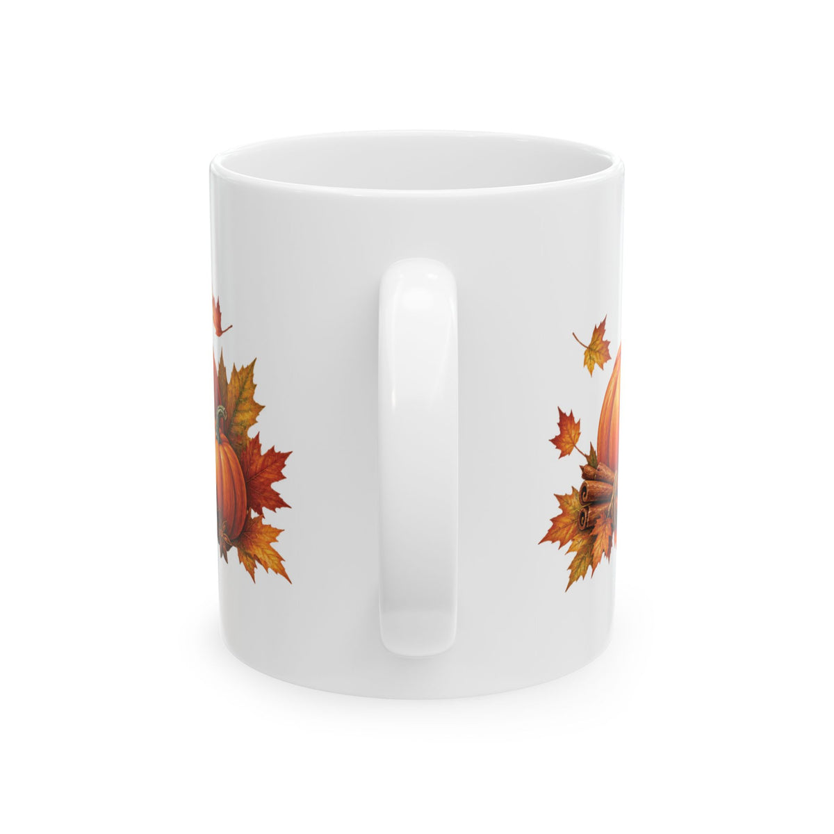 Pumpkin Spice design with pumpkins and cinnamon on a white ceramic mug, view 5