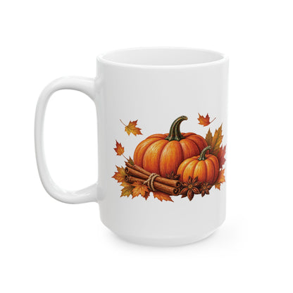 Pumpkin Spice design with pumpkins and cinnamon on a white ceramic mug, view 6