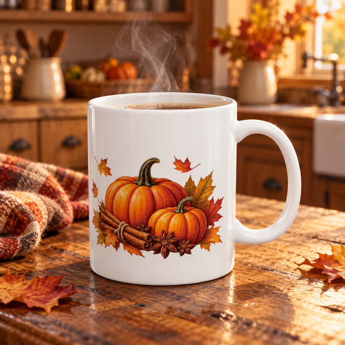 Pumpkin Spice design with pumpkins and cinnamon on a white ceramic mug, view 7