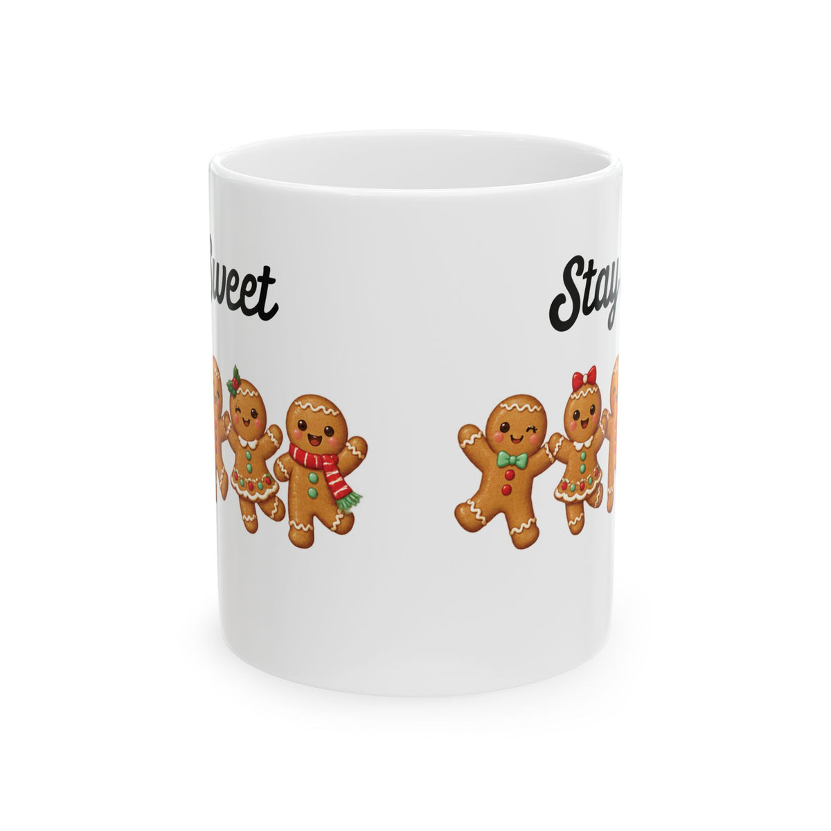 Stay Sweet gingerbread design on a white ceramic mug, view 3