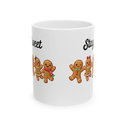 Stay Sweet gingerbread design on a white ceramic mug, view 3