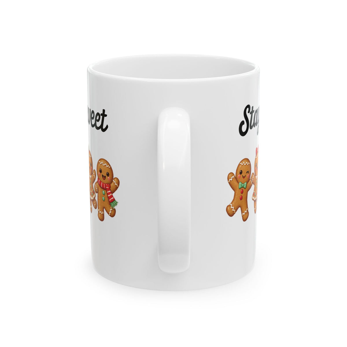 Stay Sweet gingerbread design on a white ceramic mug, view 4
