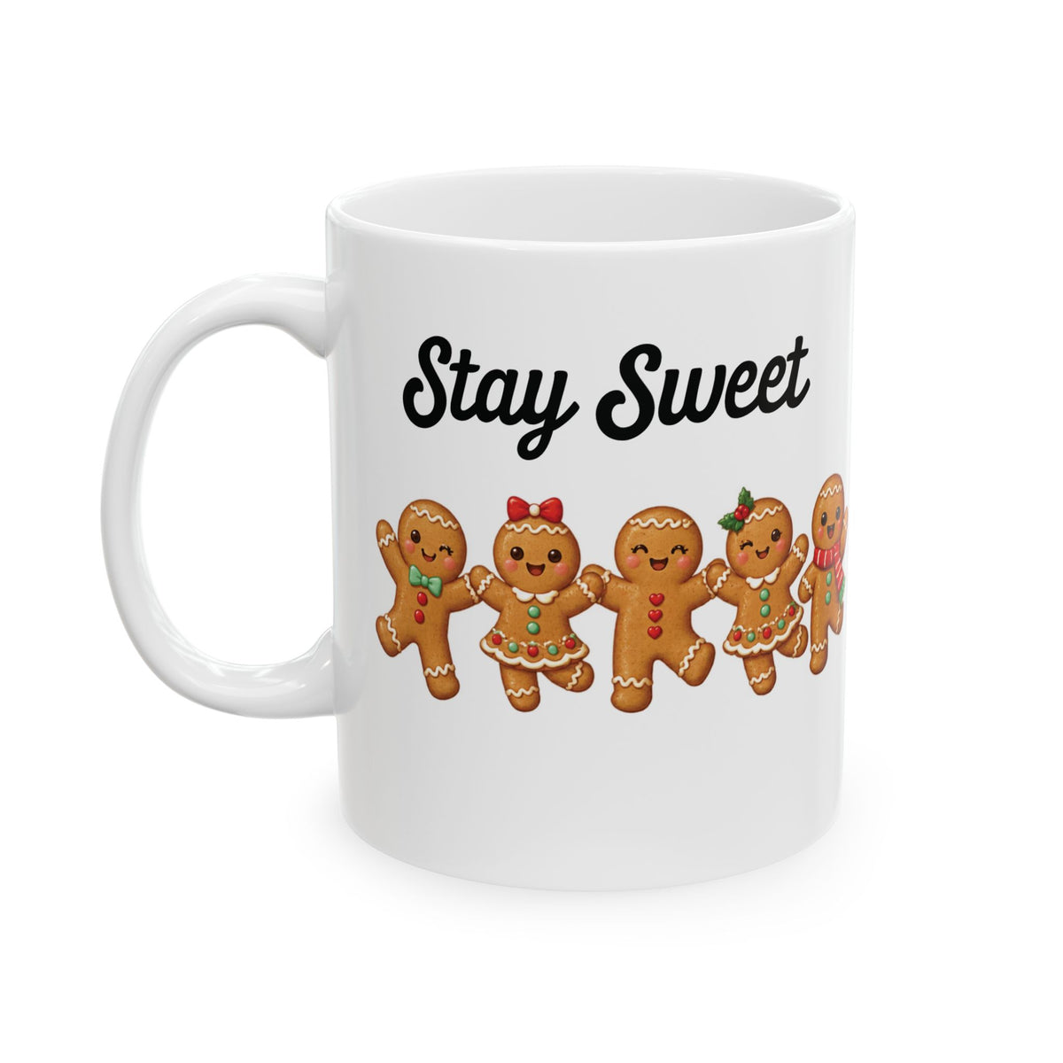 Stay Sweet gingerbread design on a white ceramic mug, view 5