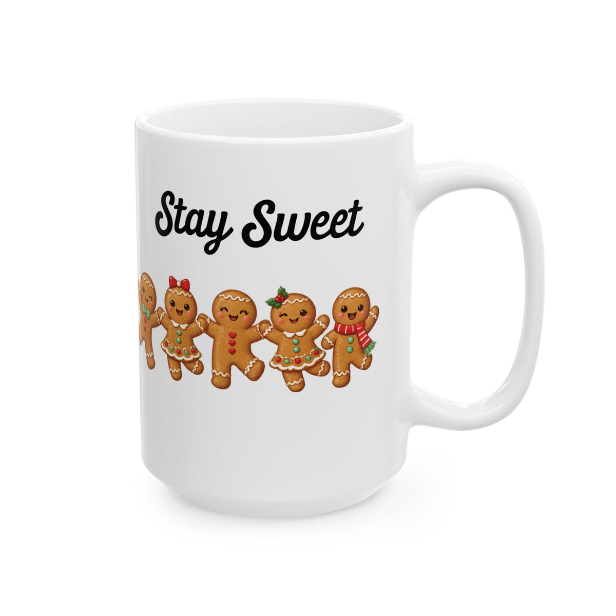 Stay Sweet gingerbread design on a white ceramic mug, view 6