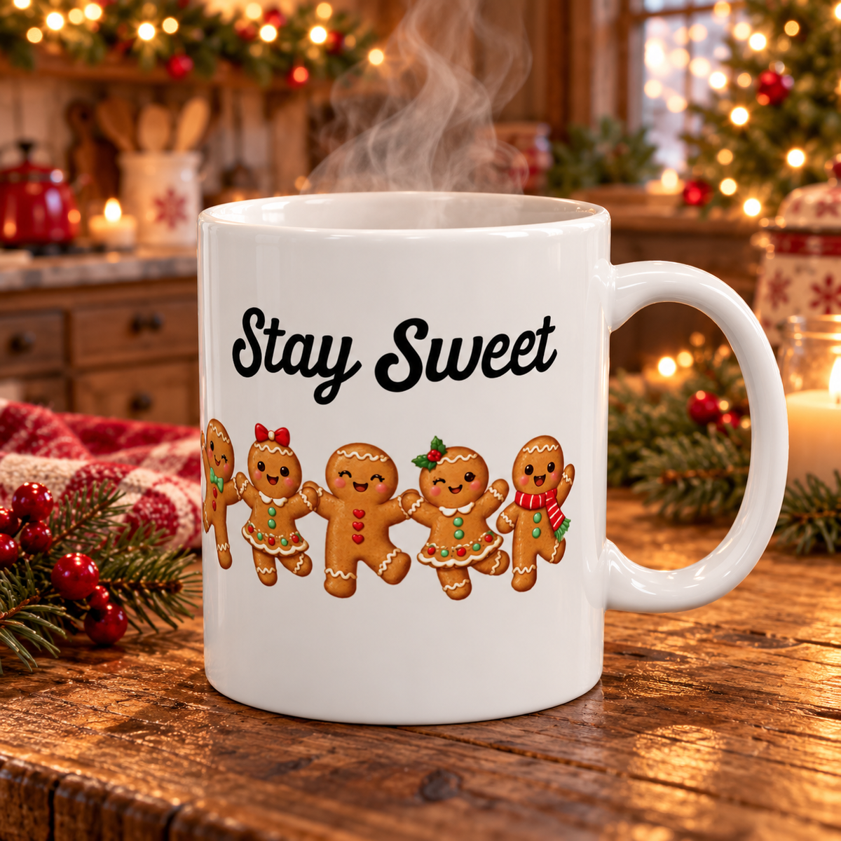 Stay Sweet gingerbread design on a white ceramic mug, view 7
