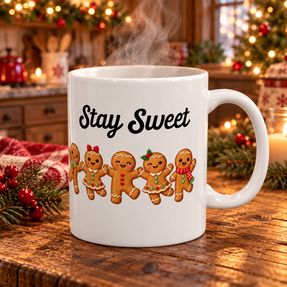 Stay Sweet gingerbread design on a white ceramic mug, view 7