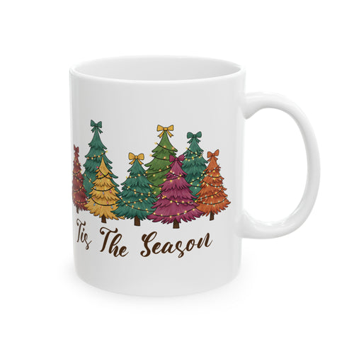 Tis The Season Christmas tree design on a white ceramic mug, view 1