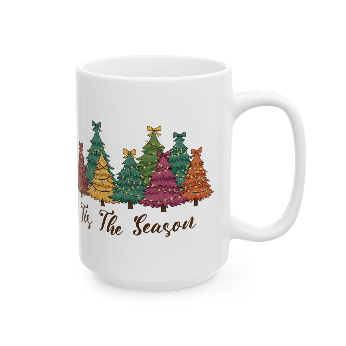 Tis The Season Christmas tree design on a white ceramic mug, view 2