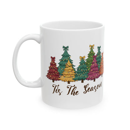 Tis The Season Christmas tree design on a white ceramic mug, view 3