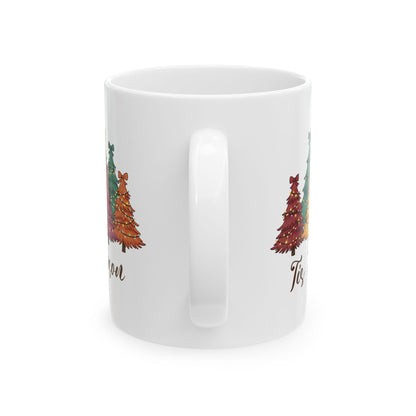 Tis The Season Christmas tree design on a white ceramic mug, view 4
