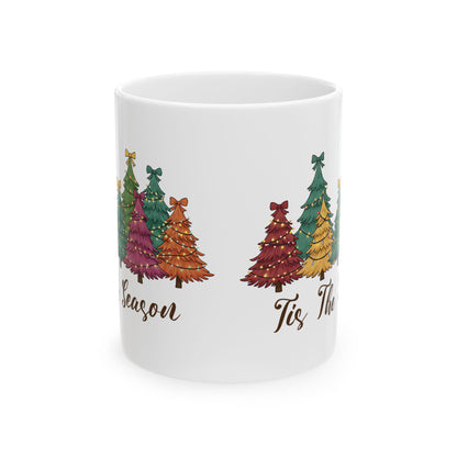 Tis The Season Christmas tree design on a white ceramic mug, view 5