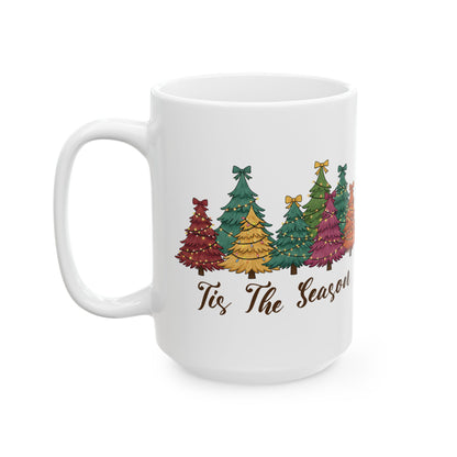 Tis The Season Christmas tree design on a white ceramic mug, view 6