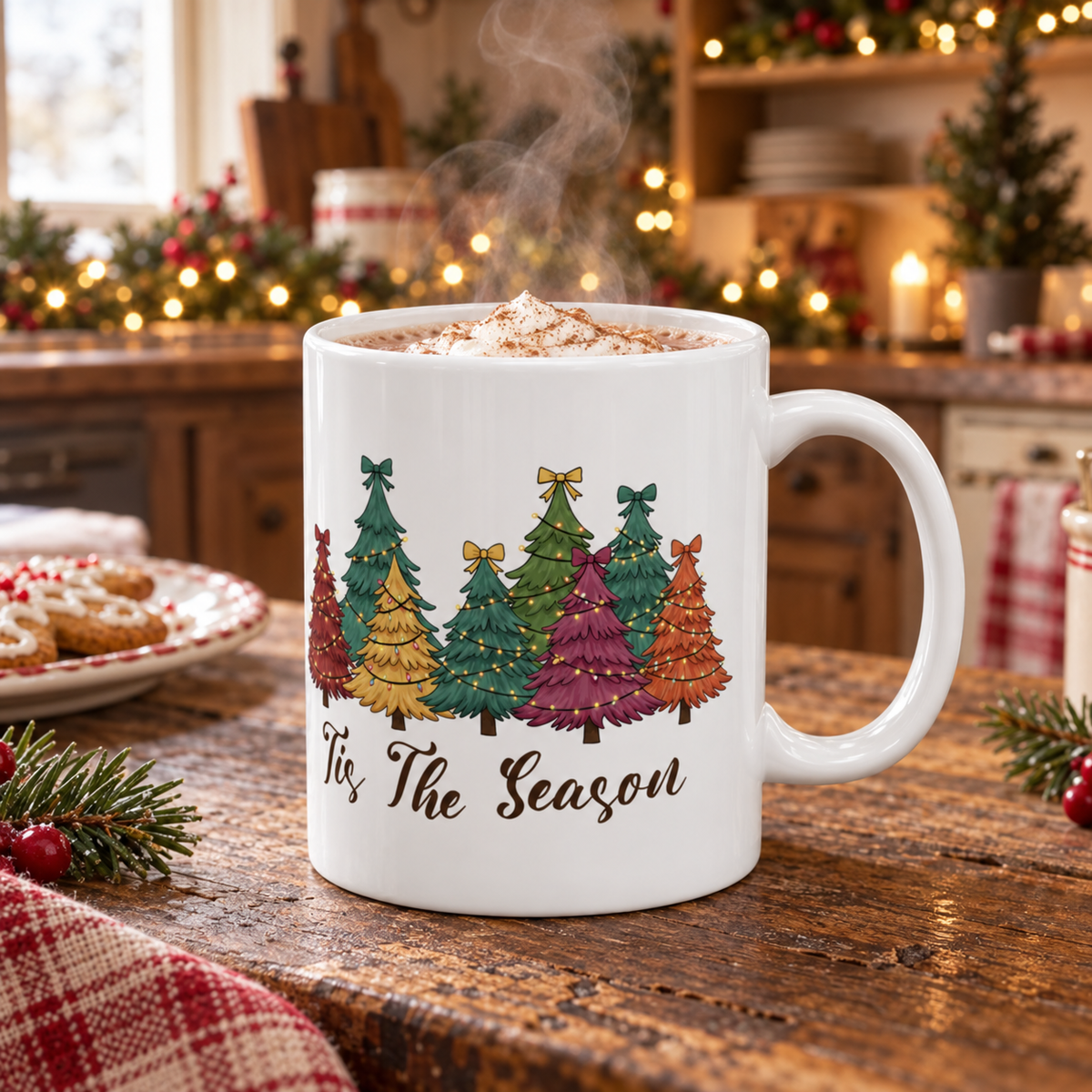 Tis The Season Christmas tree design on a white ceramic mug, view 7