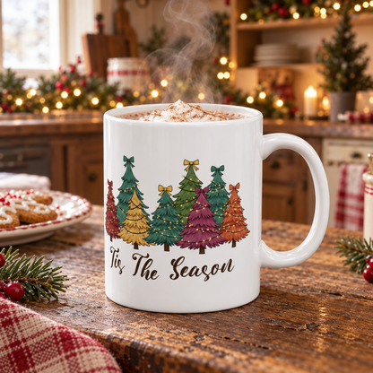 Tis The Season Christmas tree design on a white ceramic mug, view 7