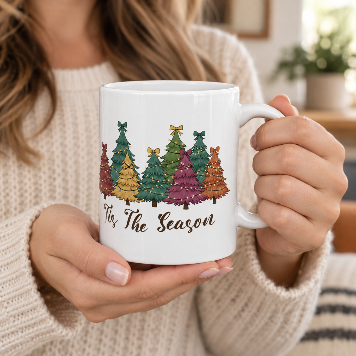 Tis The Season Christmas tree design on a white ceramic mug, view 8